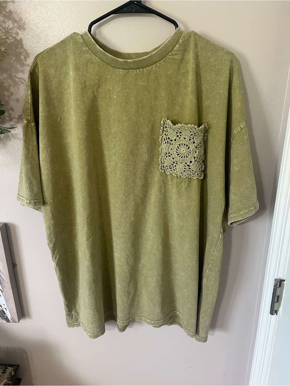 easel Olive Washed Oversized Top With Crochet Pocket